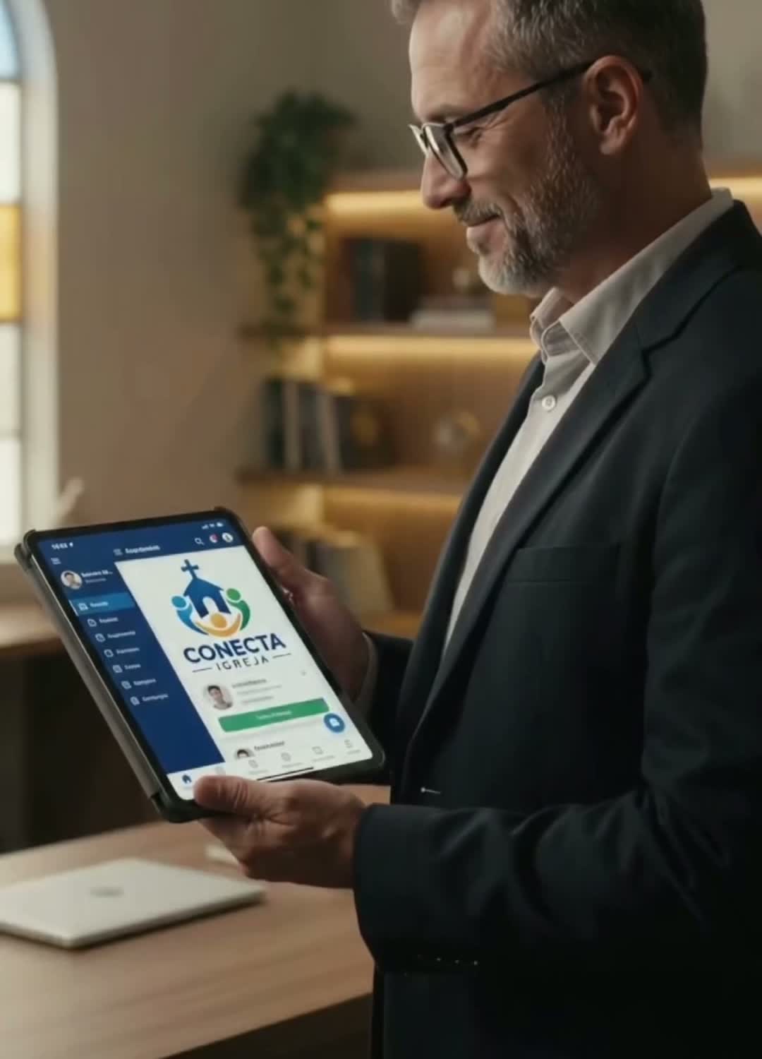 Líder de igreja usando o Conecta Igreja em um tablet